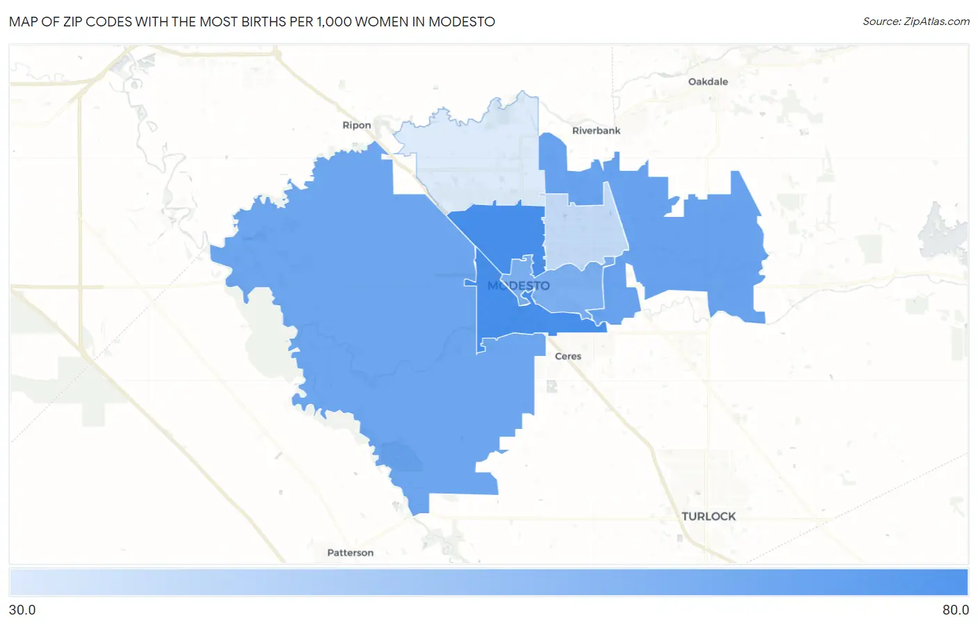 Zip Codes with the Most Births per 1,000 Women in Modesto Map
