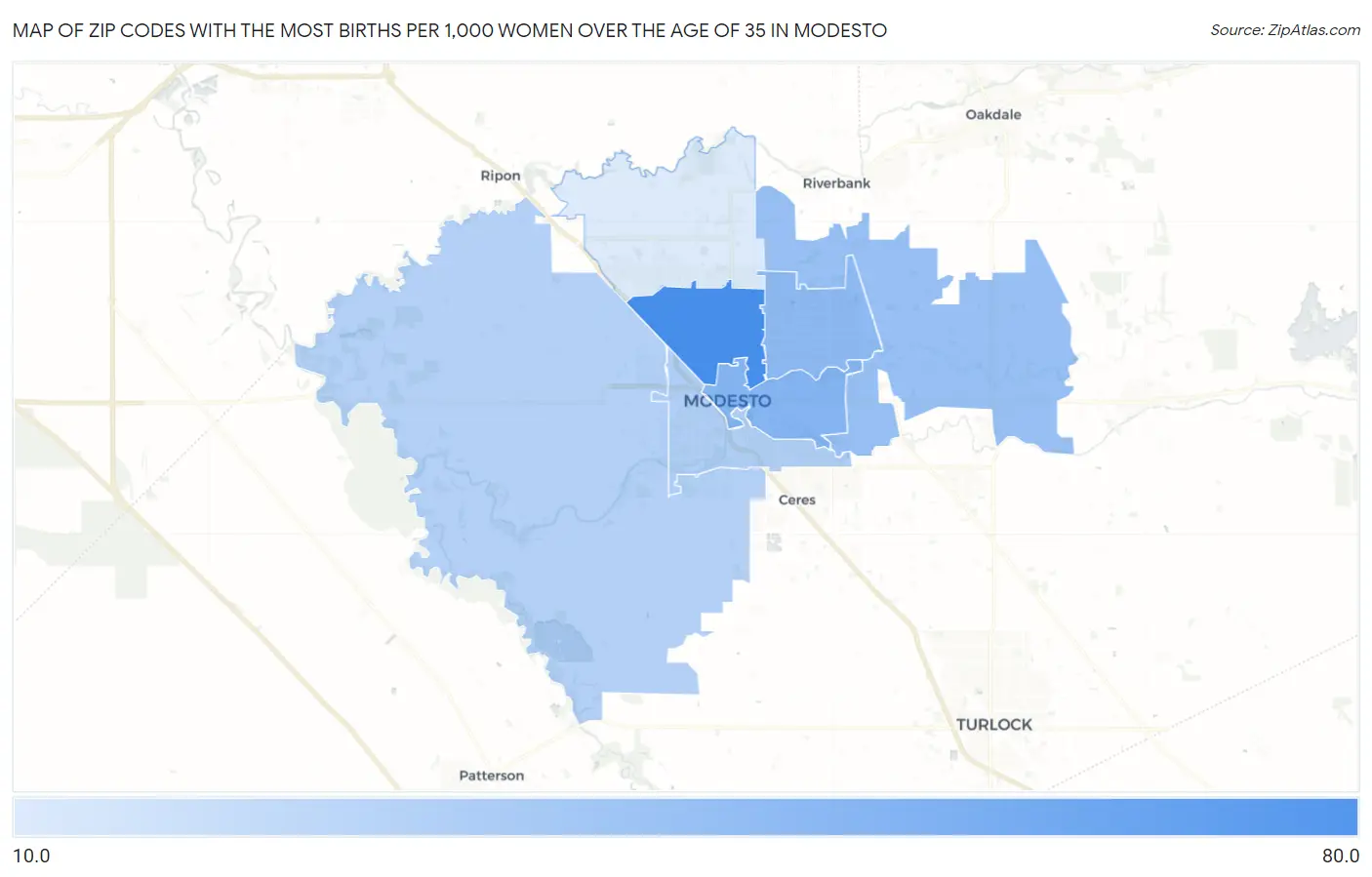 Zip Codes with the Most Births per 1,000 Women Over the Age of 35 in Modesto Map
