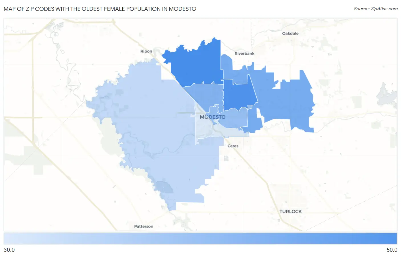 Zip Codes with the Oldest Female Population in Modesto Map
