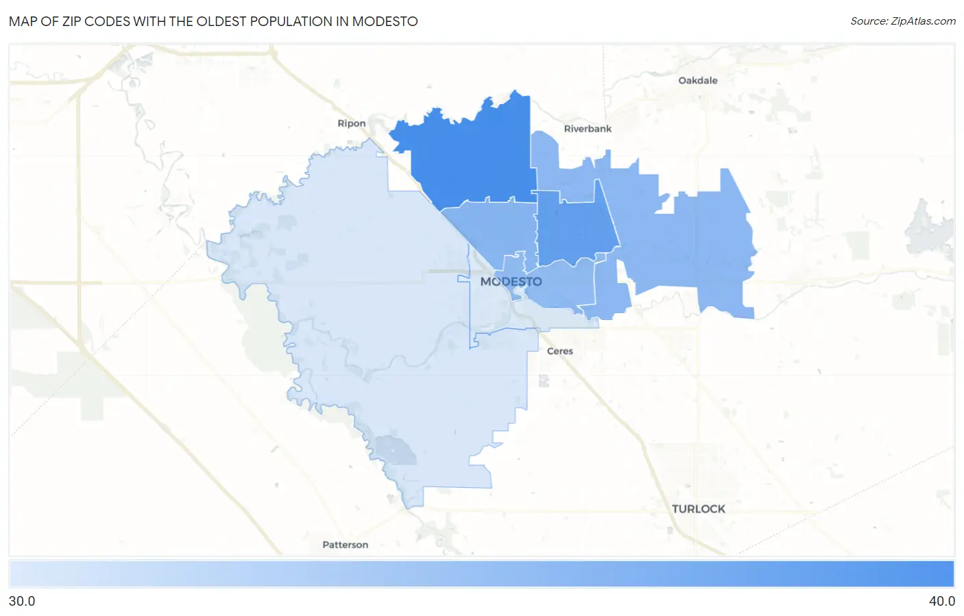Zip Codes with the Oldest Population in Modesto Map