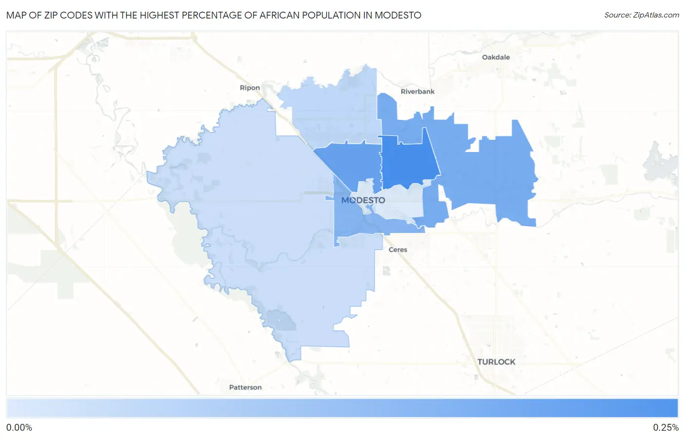 Zip Codes with the Highest Percentage of African Population in Modesto Map