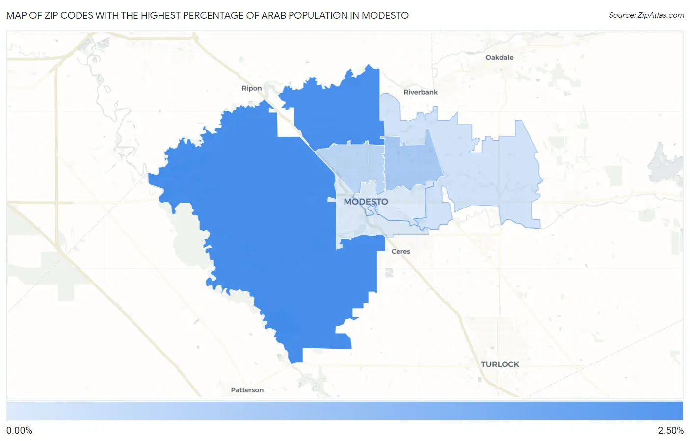 Zip Codes with the Highest Percentage of Arab Population in Modesto Map