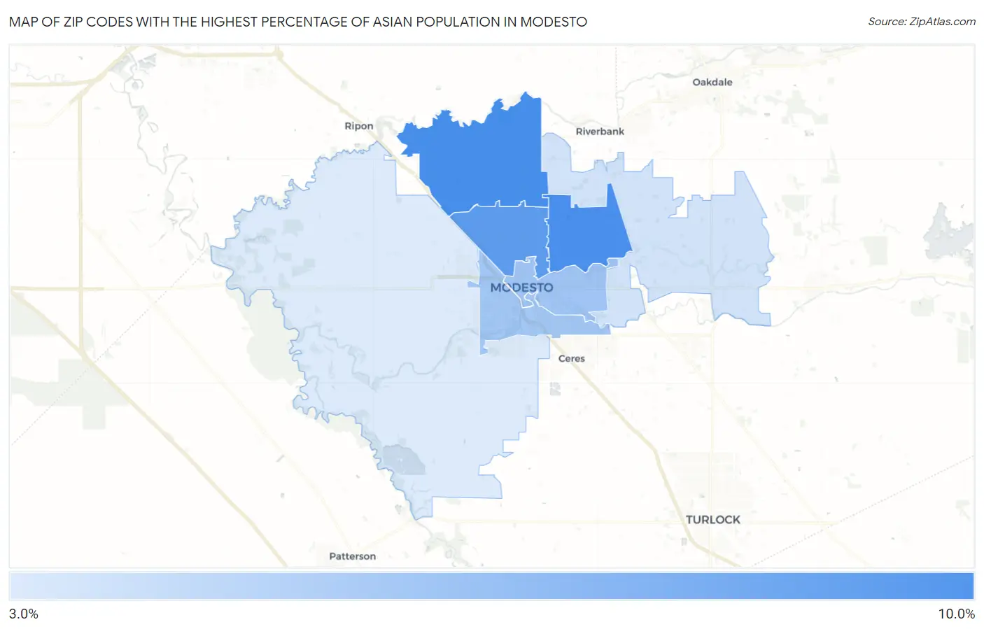 Zip Codes with the Highest Percentage of Asian Population in Modesto Map