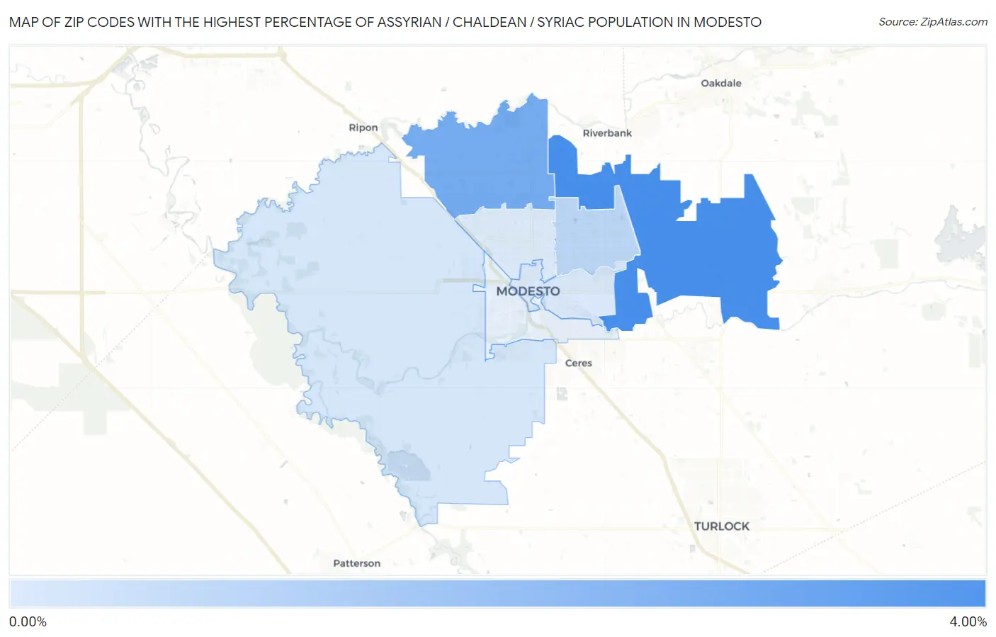 Zip Codes with the Highest Percentage of Assyrian / Chaldean / Syriac Population in Modesto Map