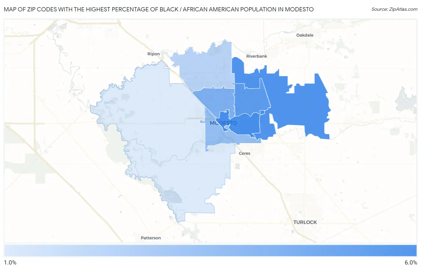 Zip Codes with the Highest Percentage of Black / African American Population in Modesto Map
