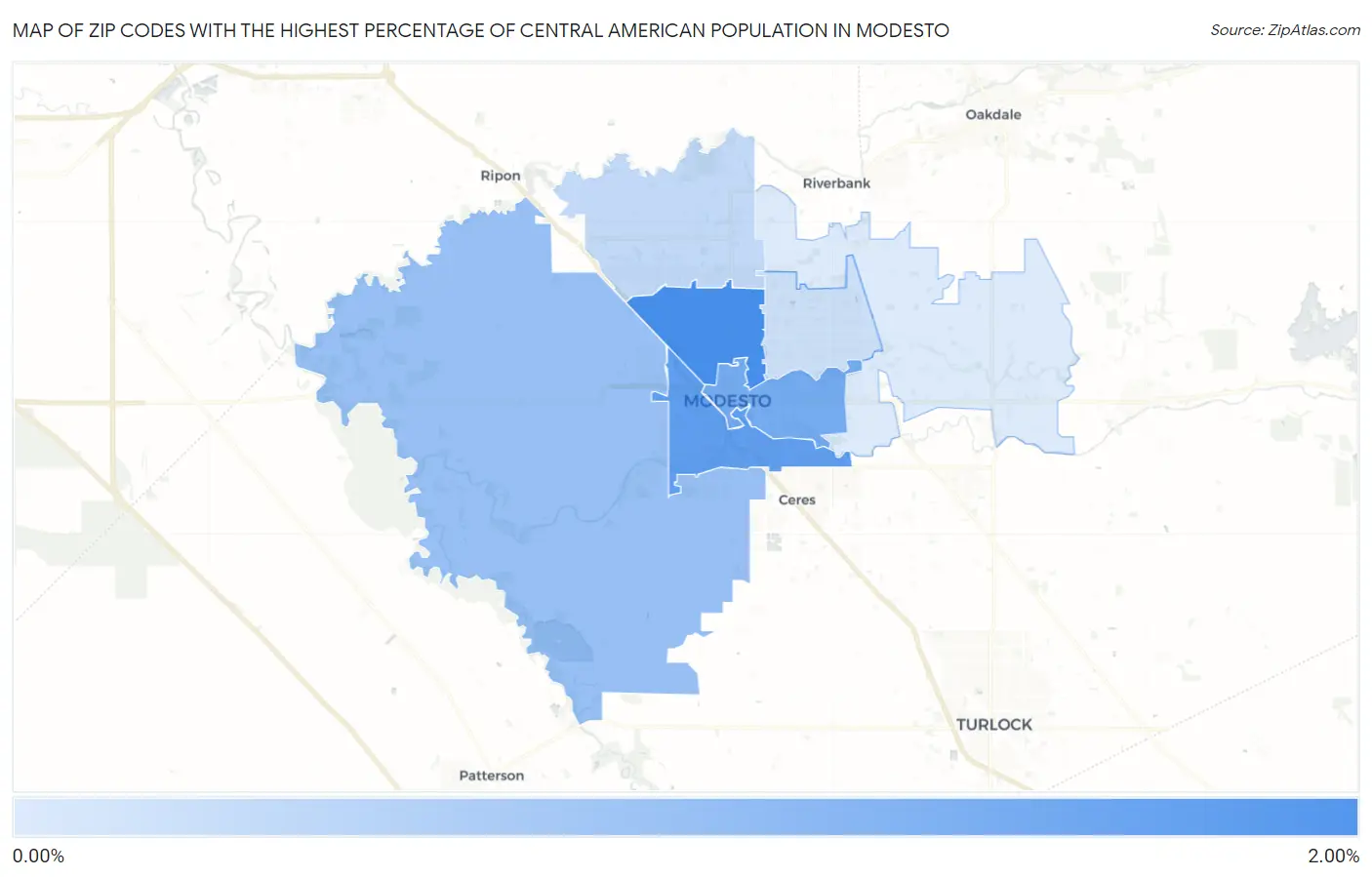 Zip Codes with the Highest Percentage of Central American Population in Modesto Map