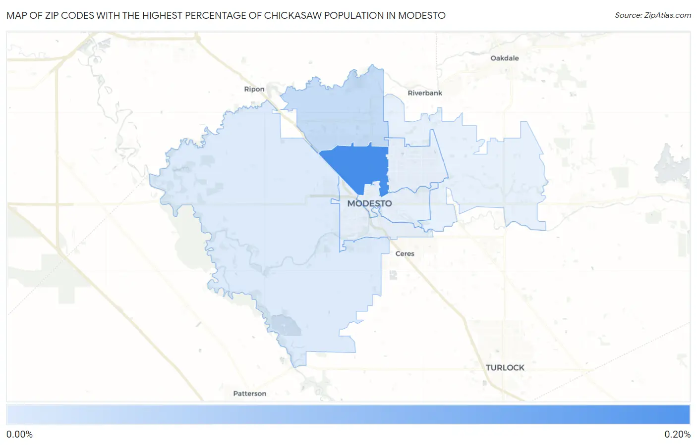 Zip Codes with the Highest Percentage of Chickasaw Population in Modesto Map