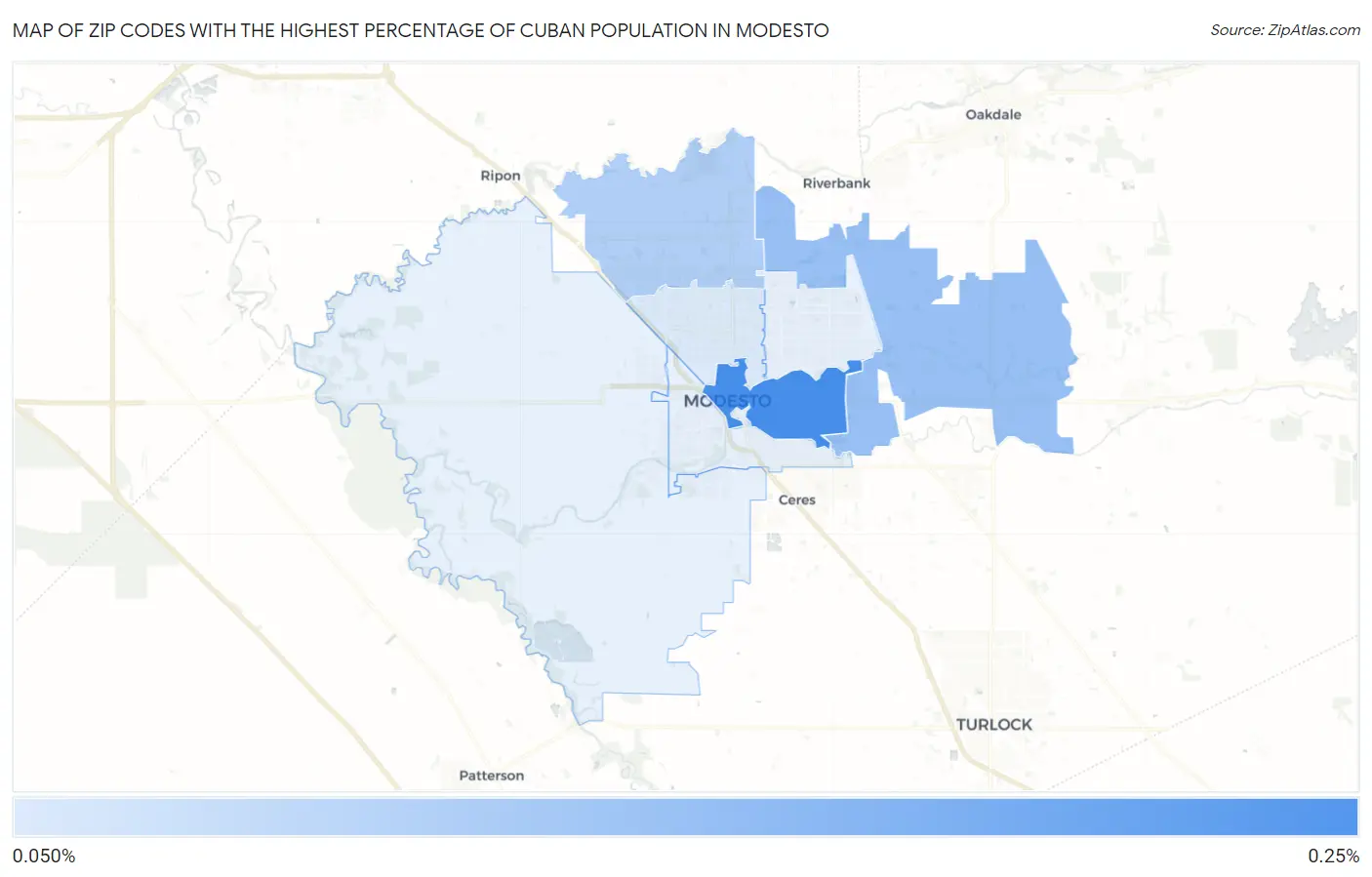 Zip Codes with the Highest Percentage of Cuban Population in Modesto Map