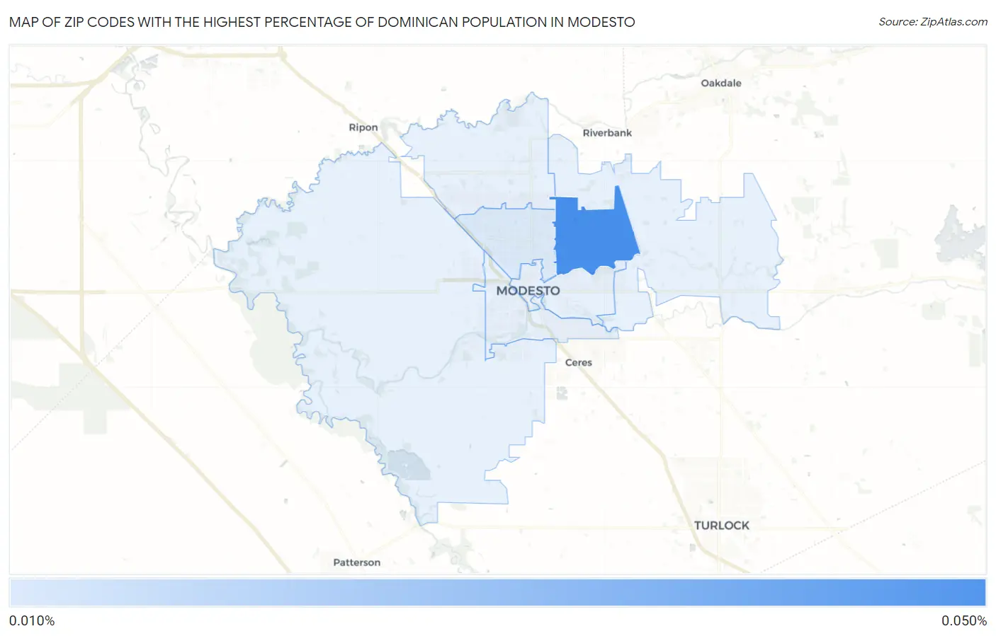 Zip Codes with the Highest Percentage of Dominican Population in Modesto Map