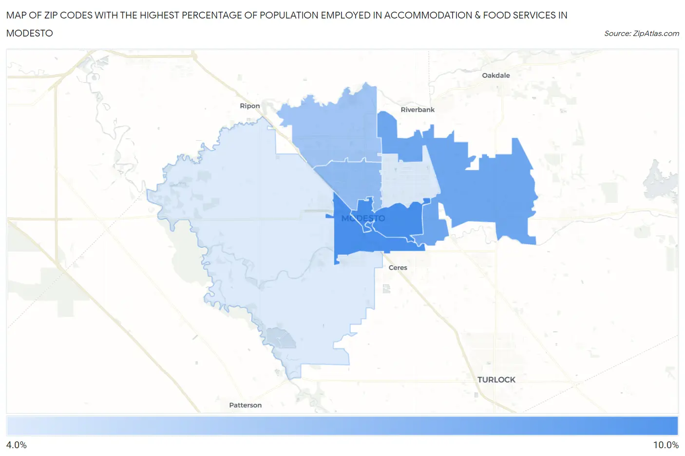 Zip Codes with the Highest Percentage of Population Employed in Accommodation & Food Services in Modesto Map