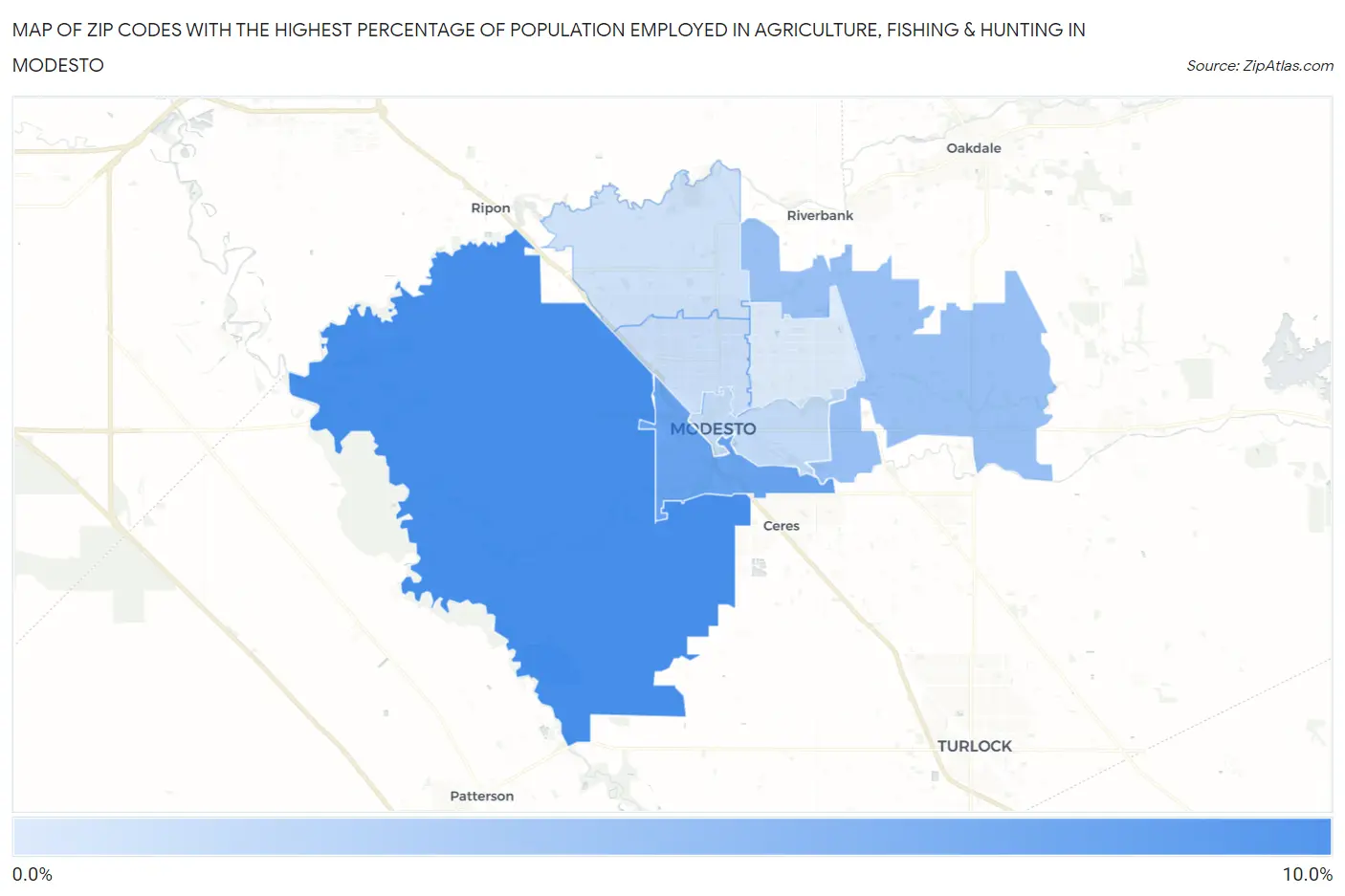 Zip Codes with the Highest Percentage of Population Employed in Agriculture, Fishing & Hunting in Modesto Map