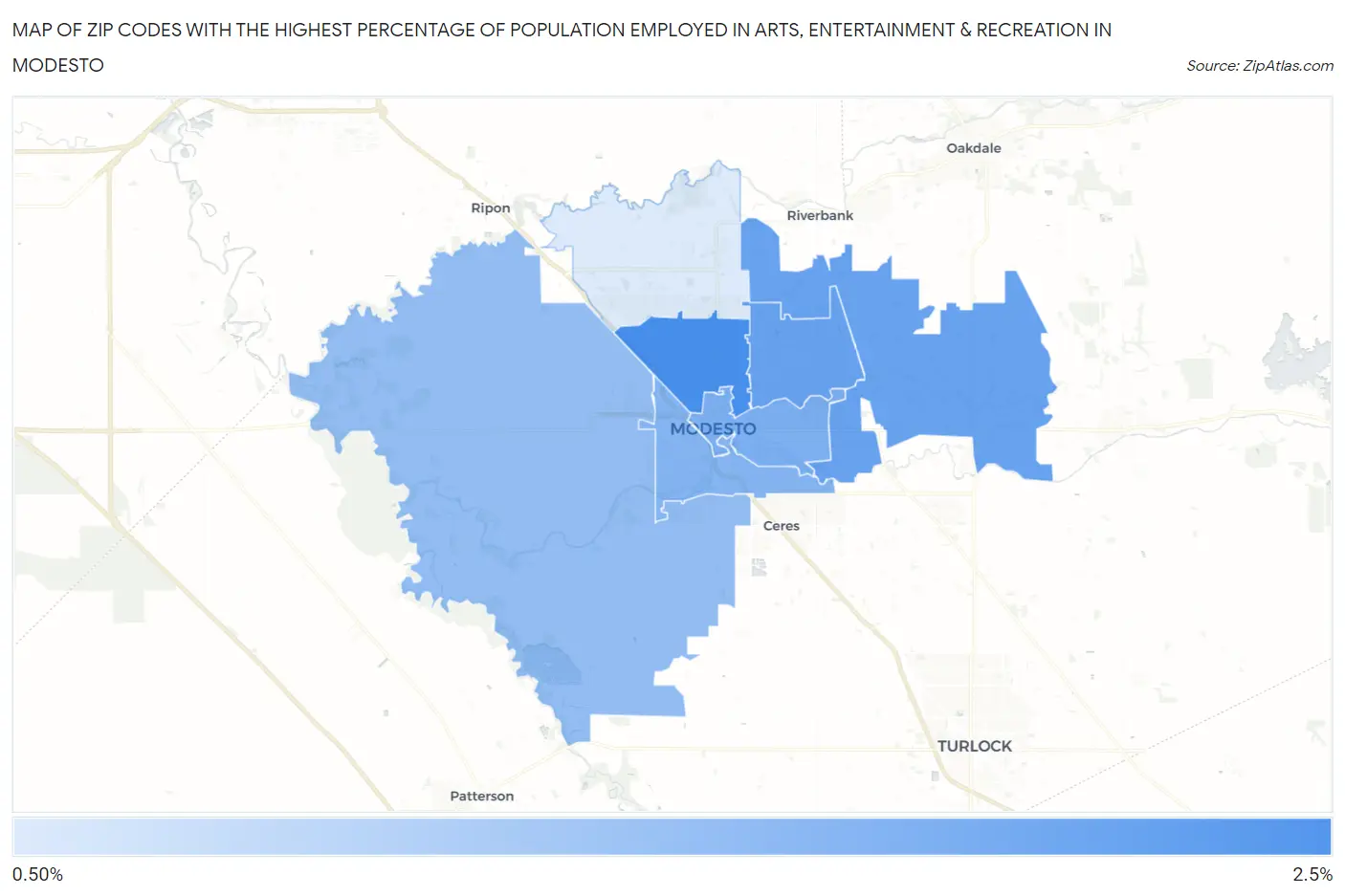 Zip Codes with the Highest Percentage of Population Employed in Arts, Entertainment & Recreation in Modesto Map