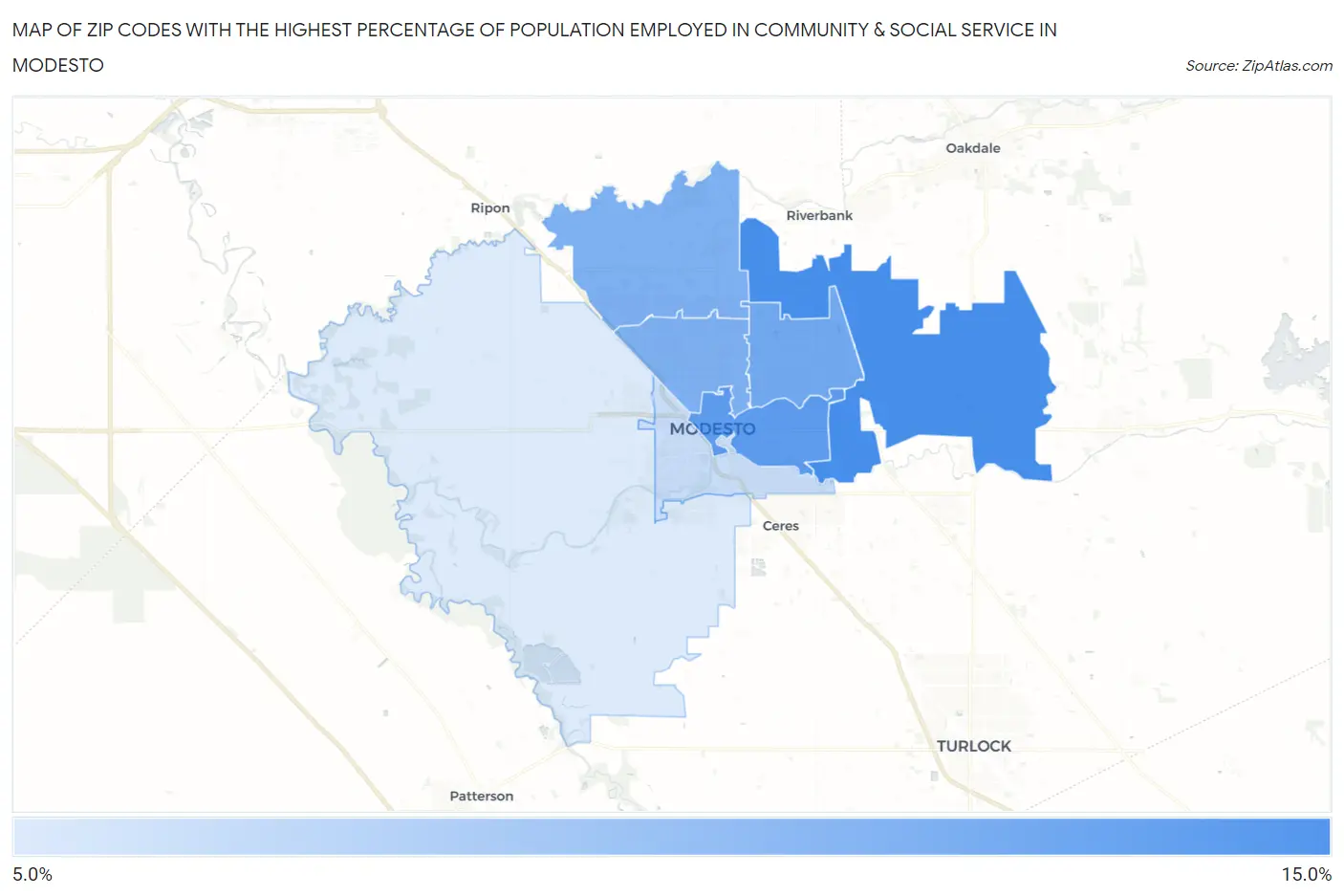 Zip Codes with the Highest Percentage of Population Employed in Community & Social Service  in Modesto Map