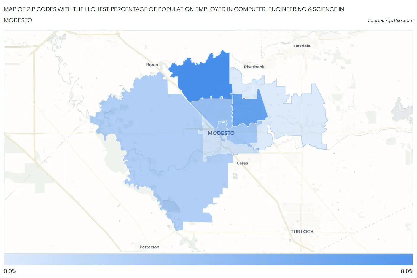 Zip Codes with the Highest Percentage of Population Employed in Computer, Engineering & Science in Modesto Map