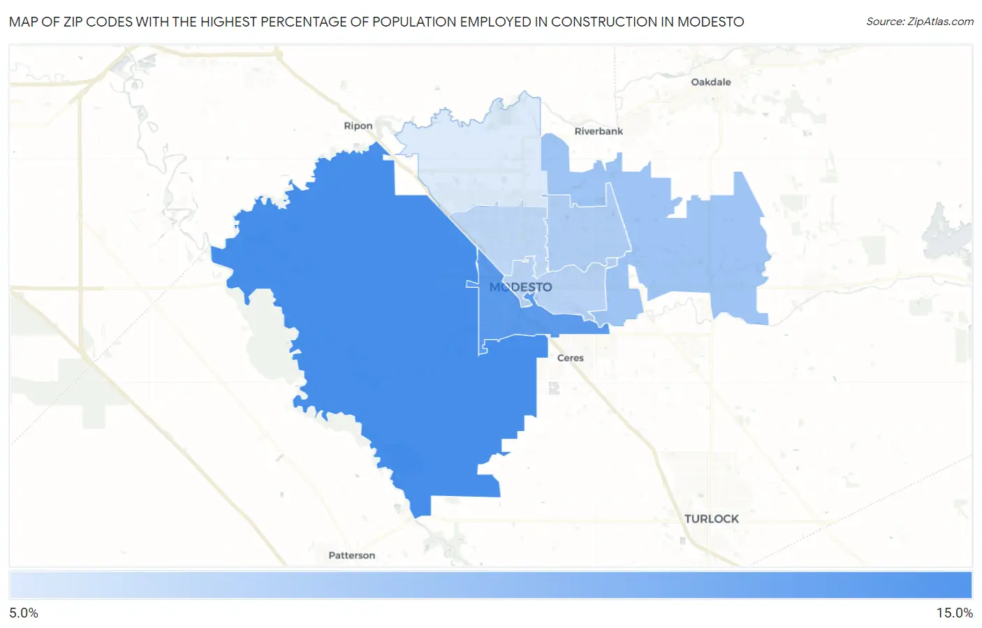 Zip Codes with the Highest Percentage of Population Employed in Construction in Modesto Map