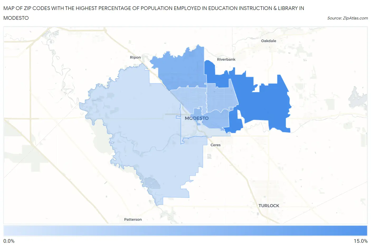 Zip Codes with the Highest Percentage of Population Employed in Education Instruction & Library in Modesto Map