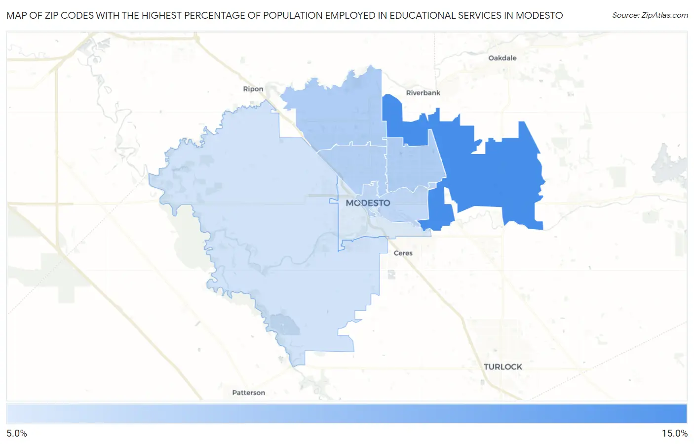 Zip Codes with the Highest Percentage of Population Employed in Educational Services in Modesto Map