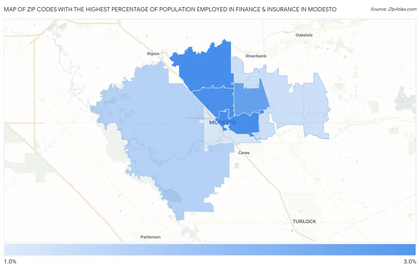 Zip Codes with the Highest Percentage of Population Employed in Finance & Insurance in Modesto Map