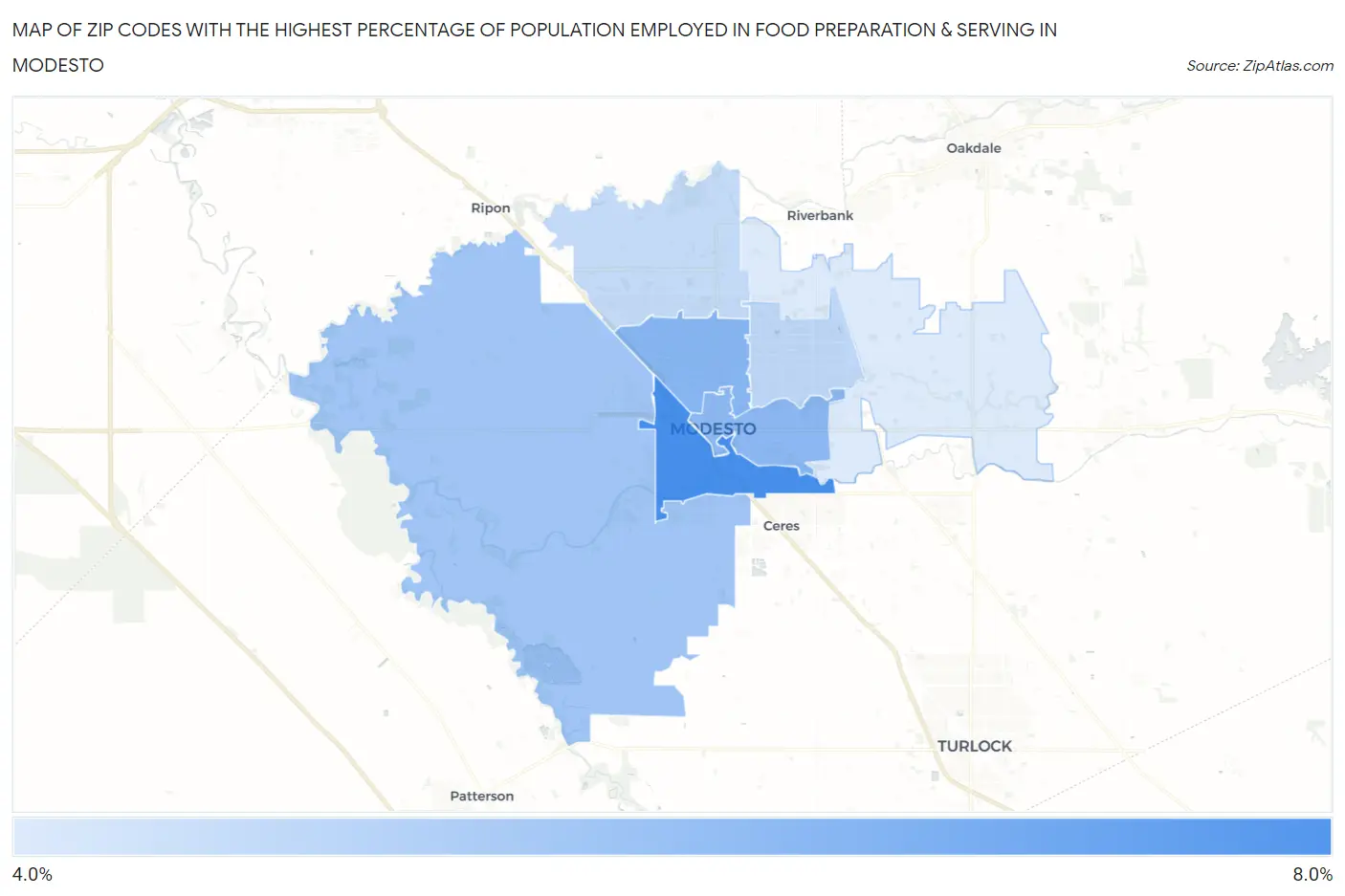 Zip Codes with the Highest Percentage of Population Employed in Food Preparation & Serving in Modesto Map