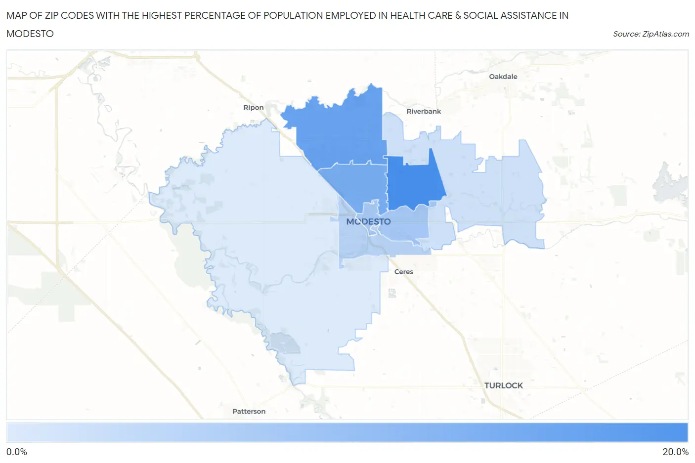 Zip Codes with the Highest Percentage of Population Employed in Health Care & Social Assistance in Modesto Map