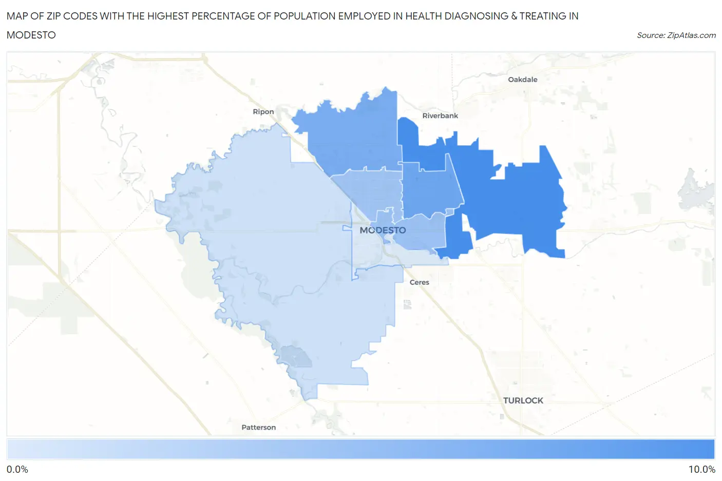 Zip Codes with the Highest Percentage of Population Employed in Health Diagnosing & Treating in Modesto Map