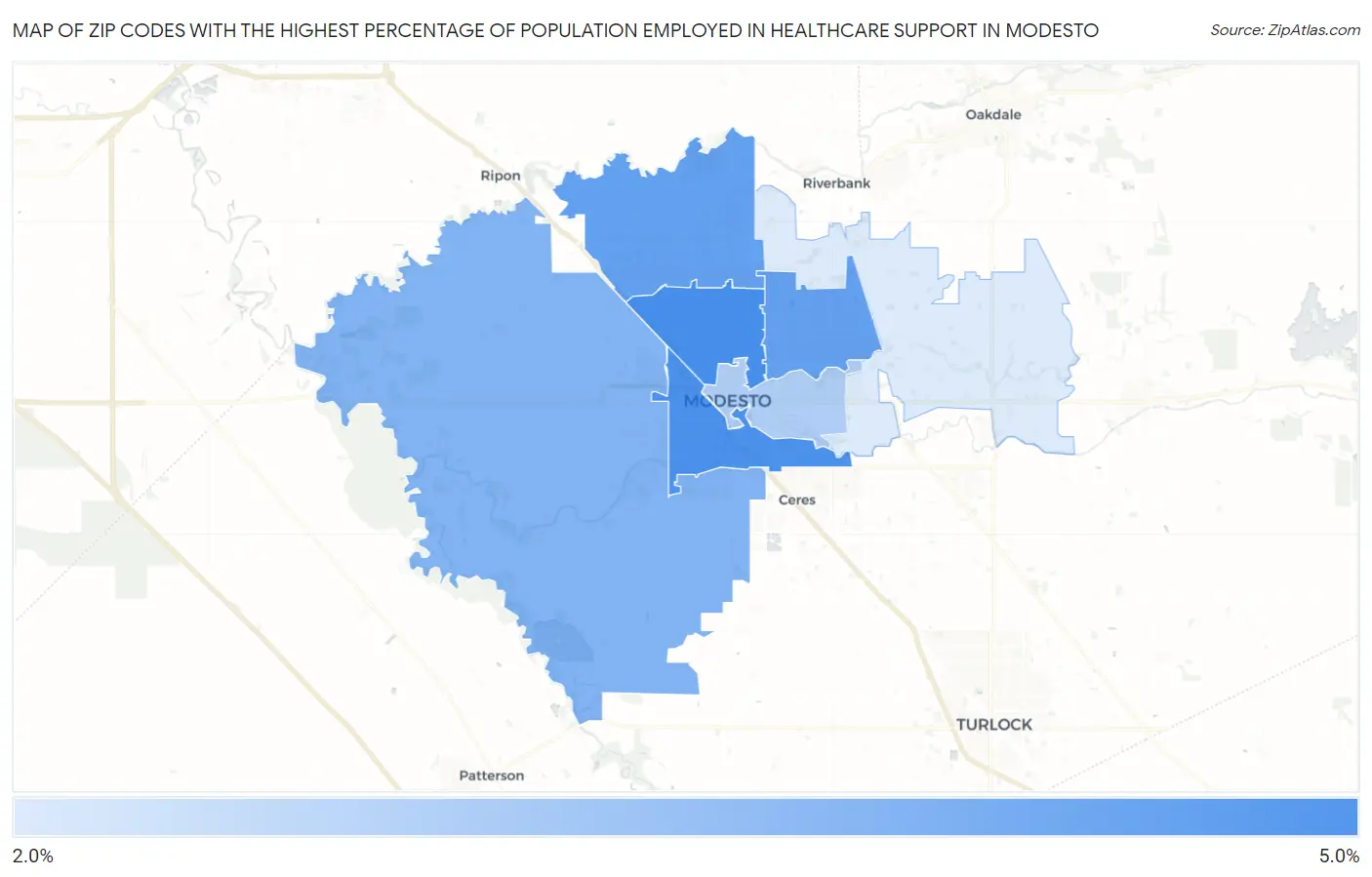 Zip Codes with the Highest Percentage of Population Employed in Healthcare Support in Modesto Map