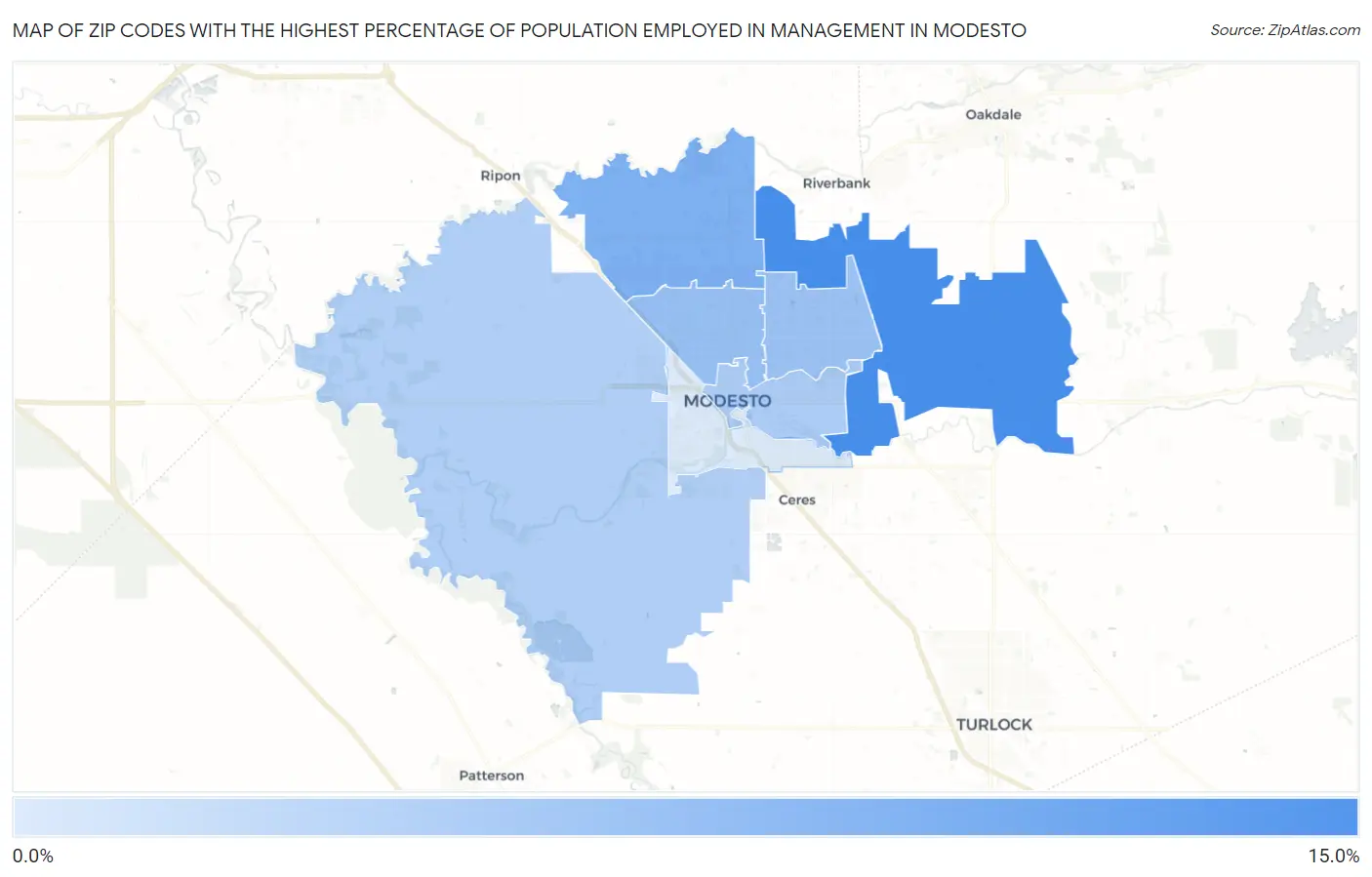 Zip Codes with the Highest Percentage of Population Employed in Management in Modesto Map
