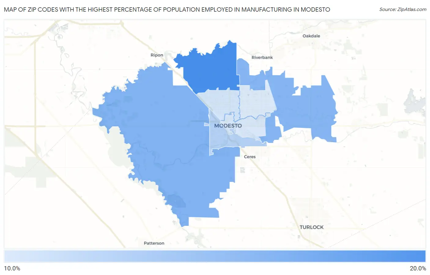 Zip Codes with the Highest Percentage of Population Employed in Manufacturing in Modesto Map