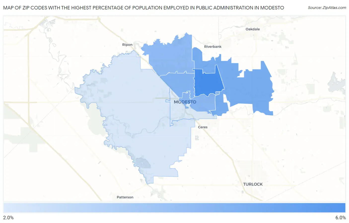 Zip Codes with the Highest Percentage of Population Employed in Public Administration in Modesto Map