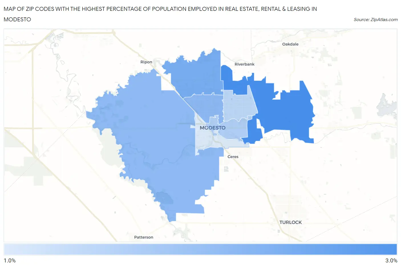 Zip Codes with the Highest Percentage of Population Employed in Real Estate, Rental & Leasing in Modesto Map