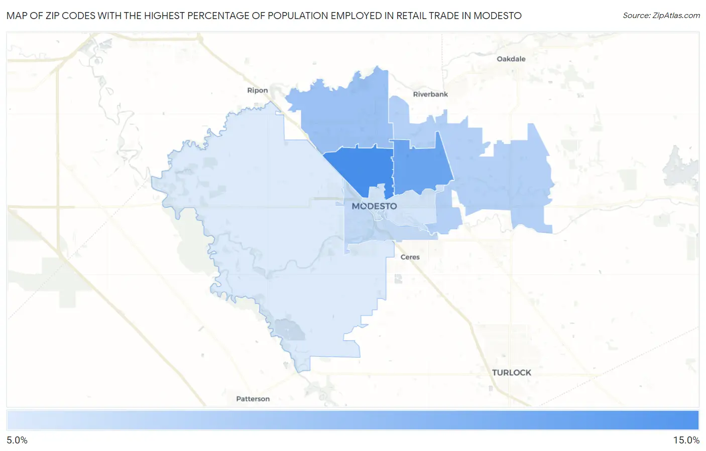 Zip Codes with the Highest Percentage of Population Employed in Retail Trade in Modesto Map