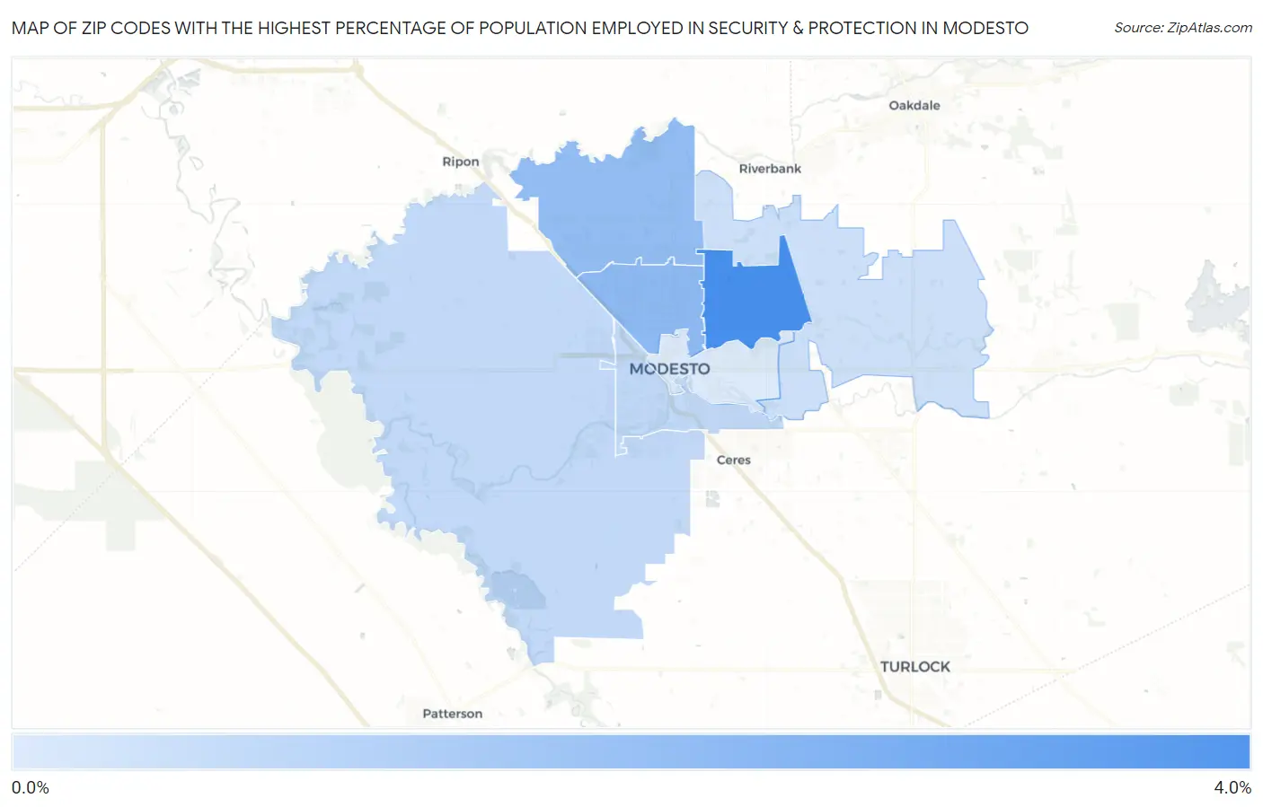 Zip Codes with the Highest Percentage of Population Employed in Security & Protection in Modesto Map