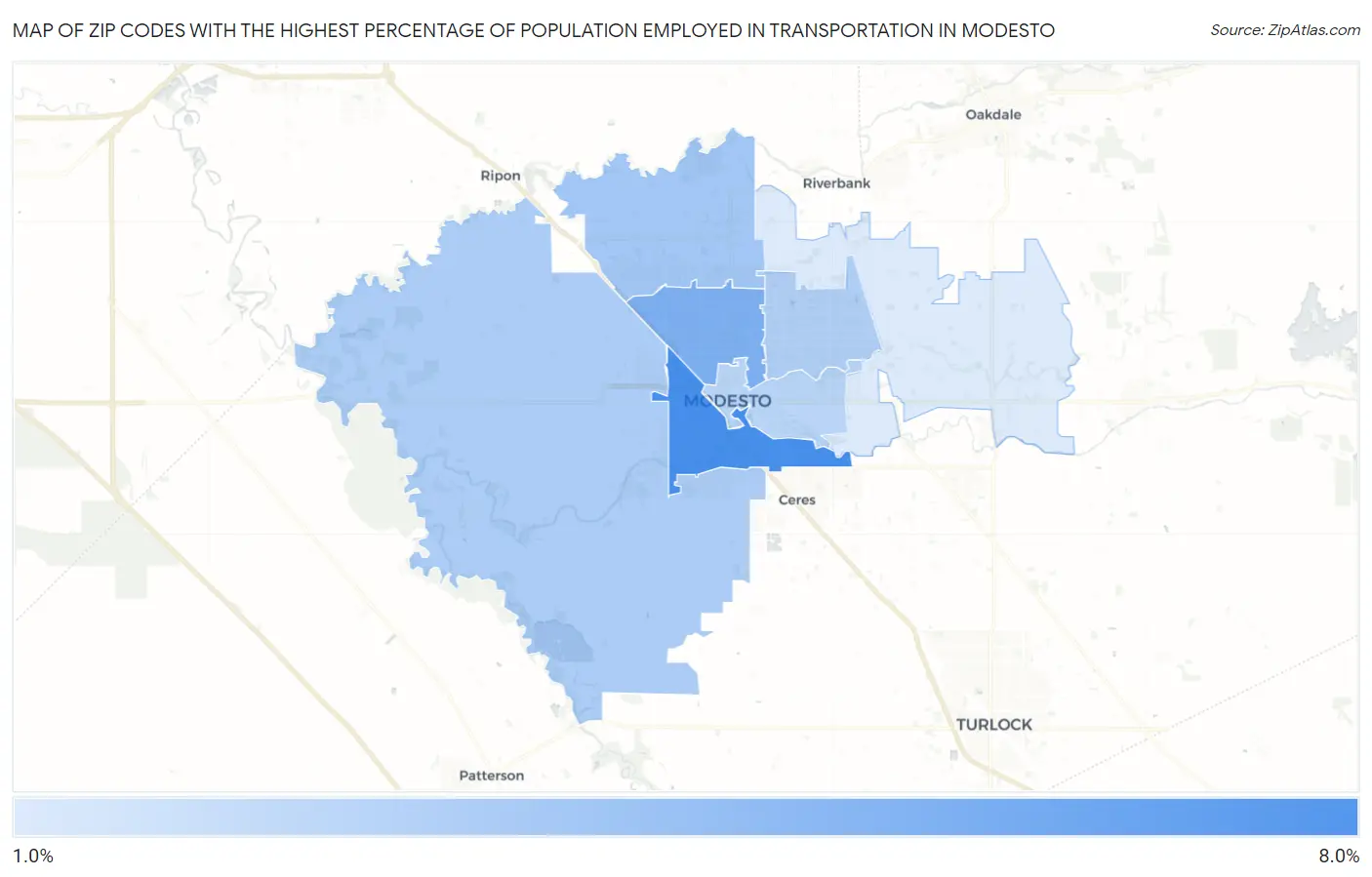 Zip Codes with the Highest Percentage of Population Employed in Transportation in Modesto Map