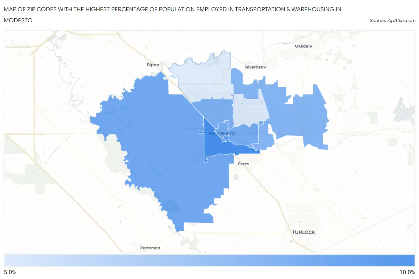 Zip Codes with the Highest Percentage of Population Employed in Transportation & Warehousing in Modesto Map
