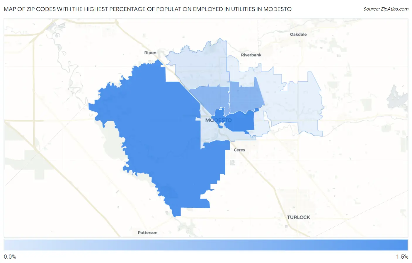 Zip Codes with the Highest Percentage of Population Employed in Utilities in Modesto Map