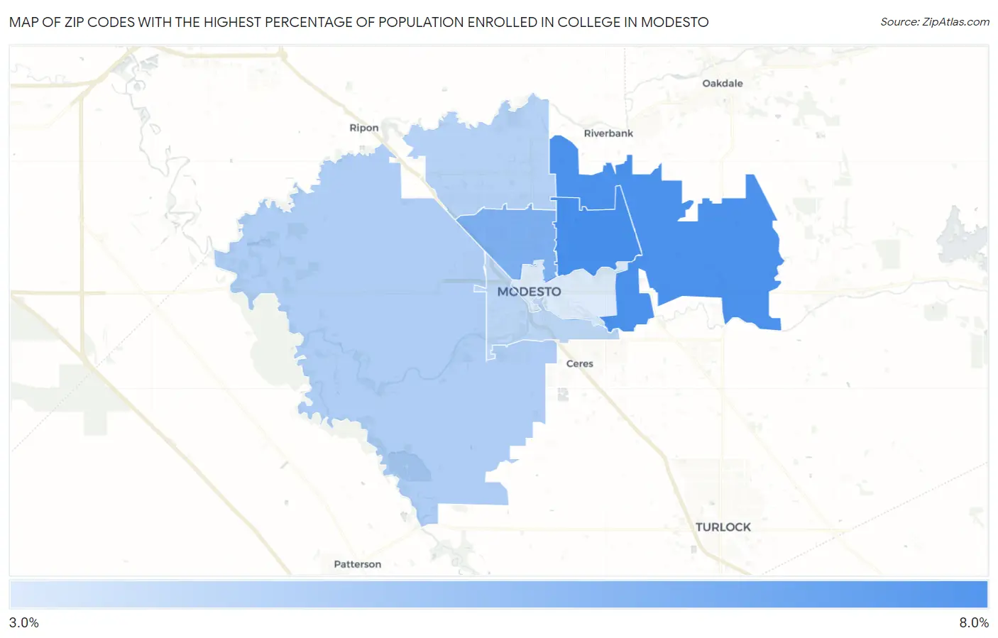 Zip Codes with the Highest Percentage of Population Enrolled in College in Modesto Map