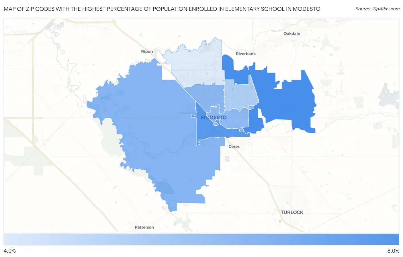 Zip Codes with the Highest Percentage of Population Enrolled in Elementary School in Modesto Map