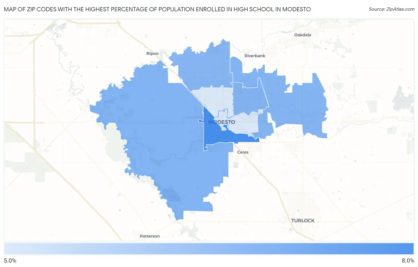 Zip Codes with the Highest Percentage of Population Enrolled in High School in Modesto Map