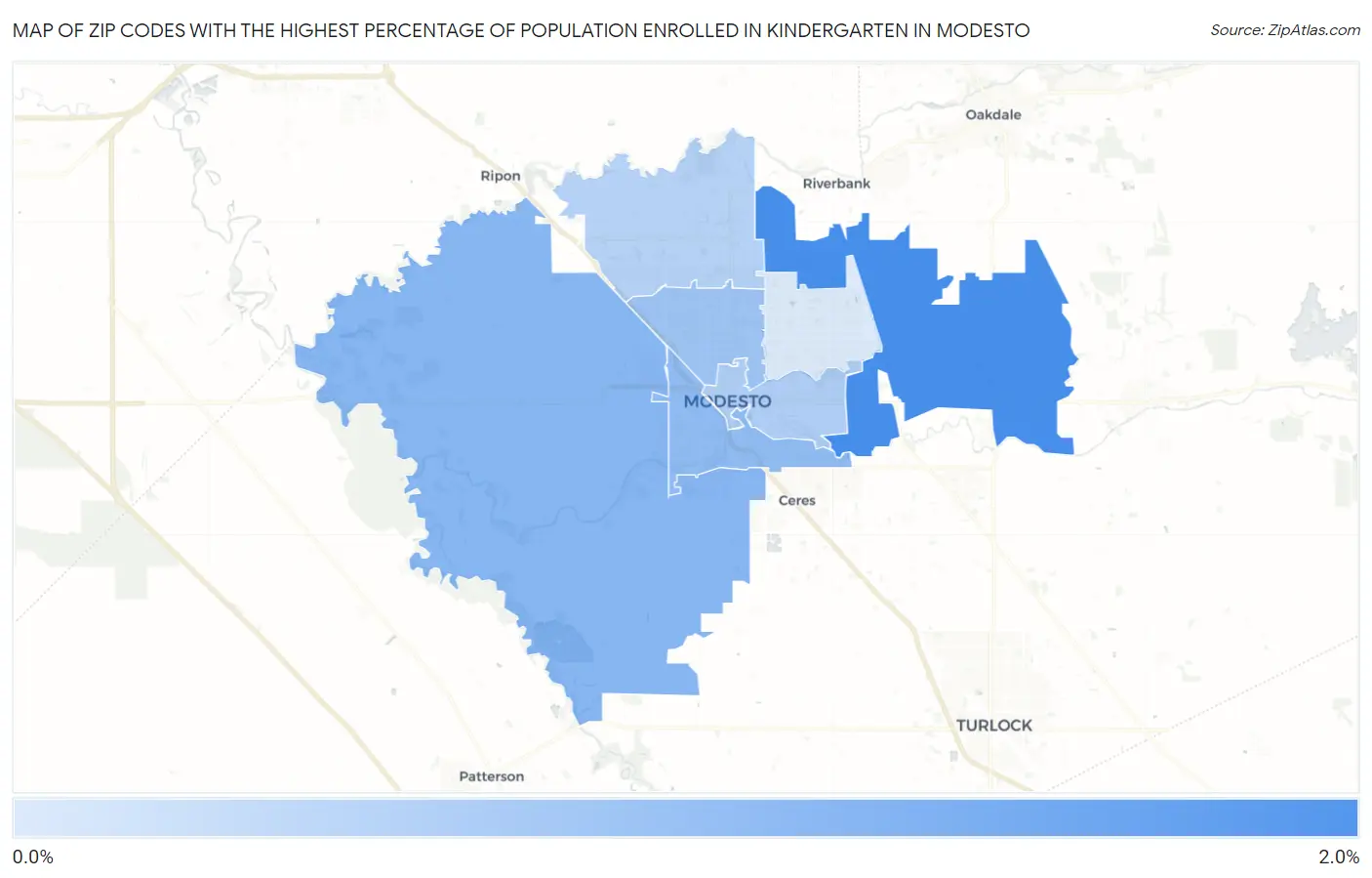 Zip Codes with the Highest Percentage of Population Enrolled in Kindergarten in Modesto Map