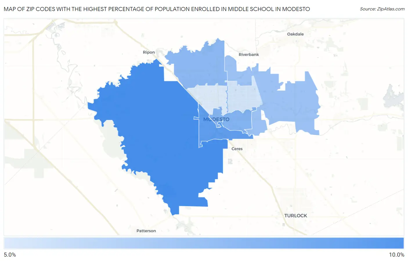 Zip Codes with the Highest Percentage of Population Enrolled in Middle School in Modesto Map