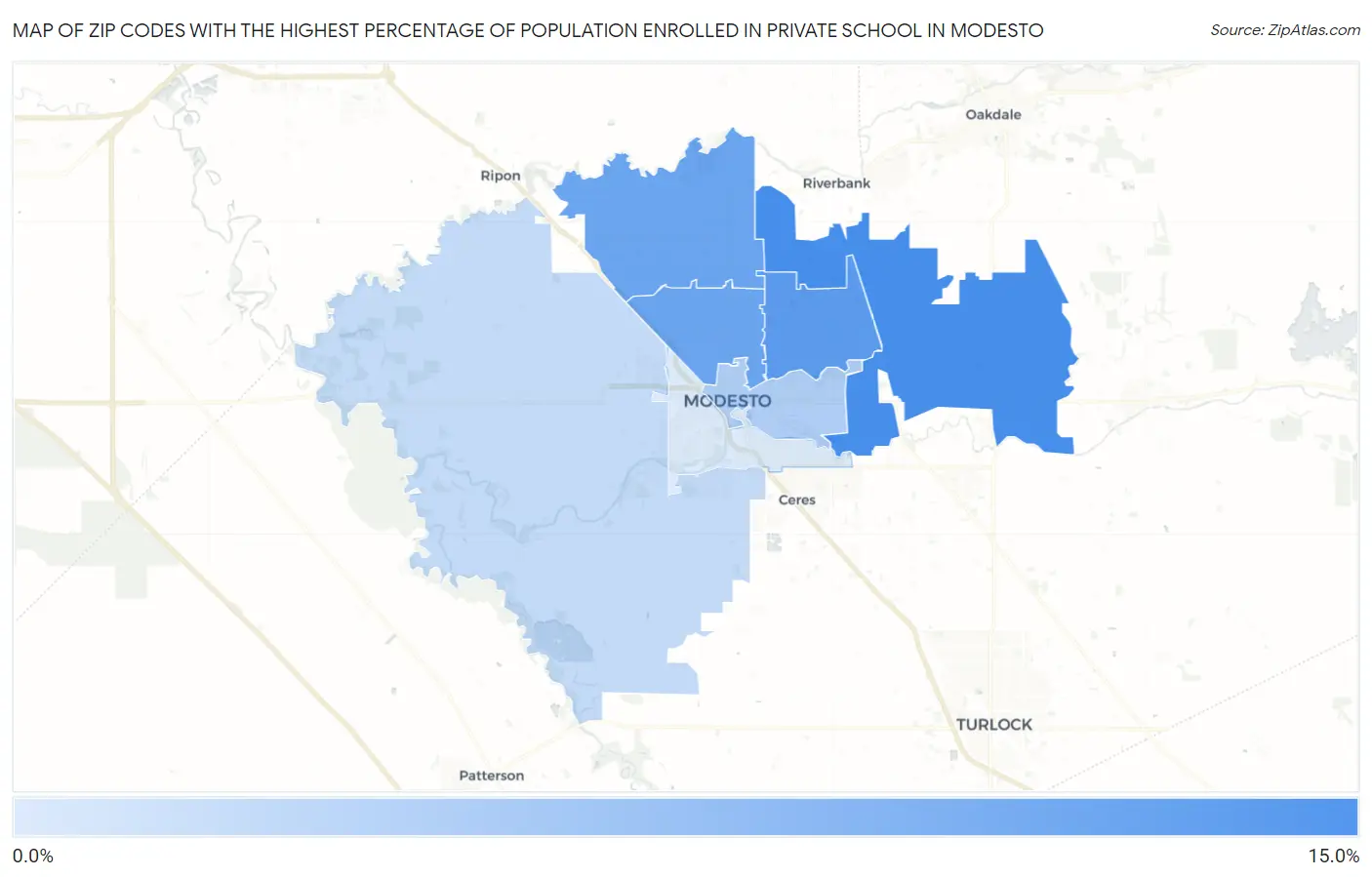 Zip Codes with the Highest Percentage of Population Enrolled in Private School in Modesto Map