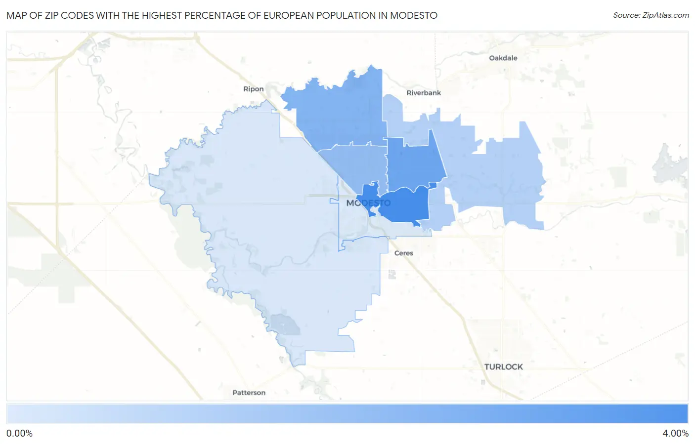 Zip Codes with the Highest Percentage of European Population in Modesto Map