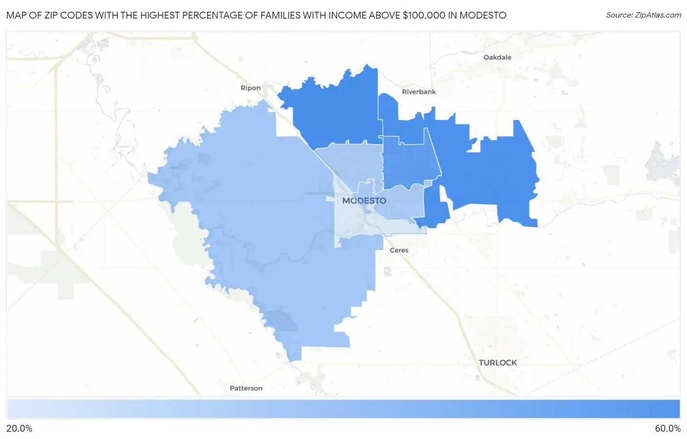 Zip Codes with the Highest Percentage of Families with Income Above $100,000 in Modesto Map