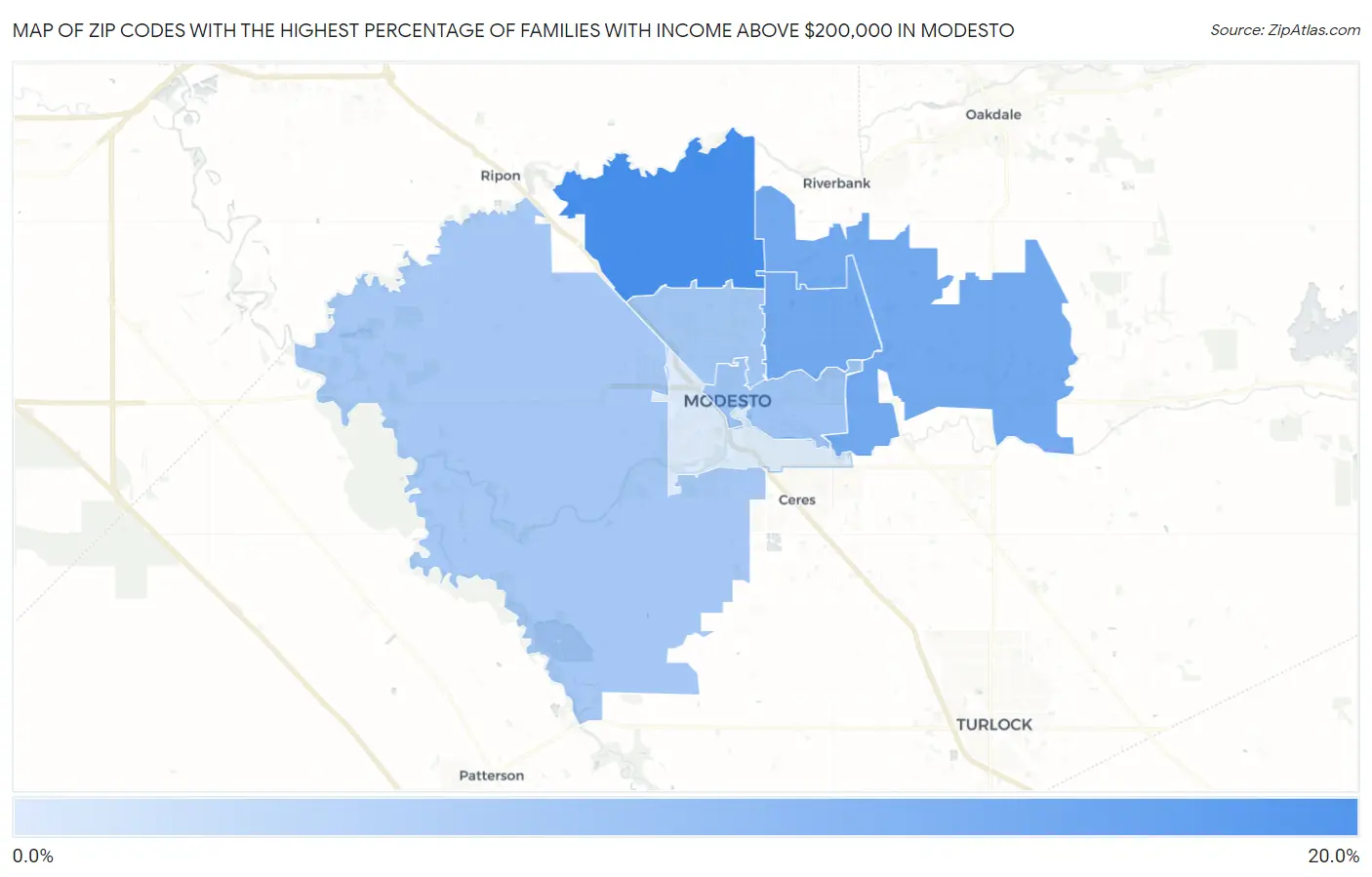 Zip Codes with the Highest Percentage of Families with Income Above $200,000 in Modesto Map
