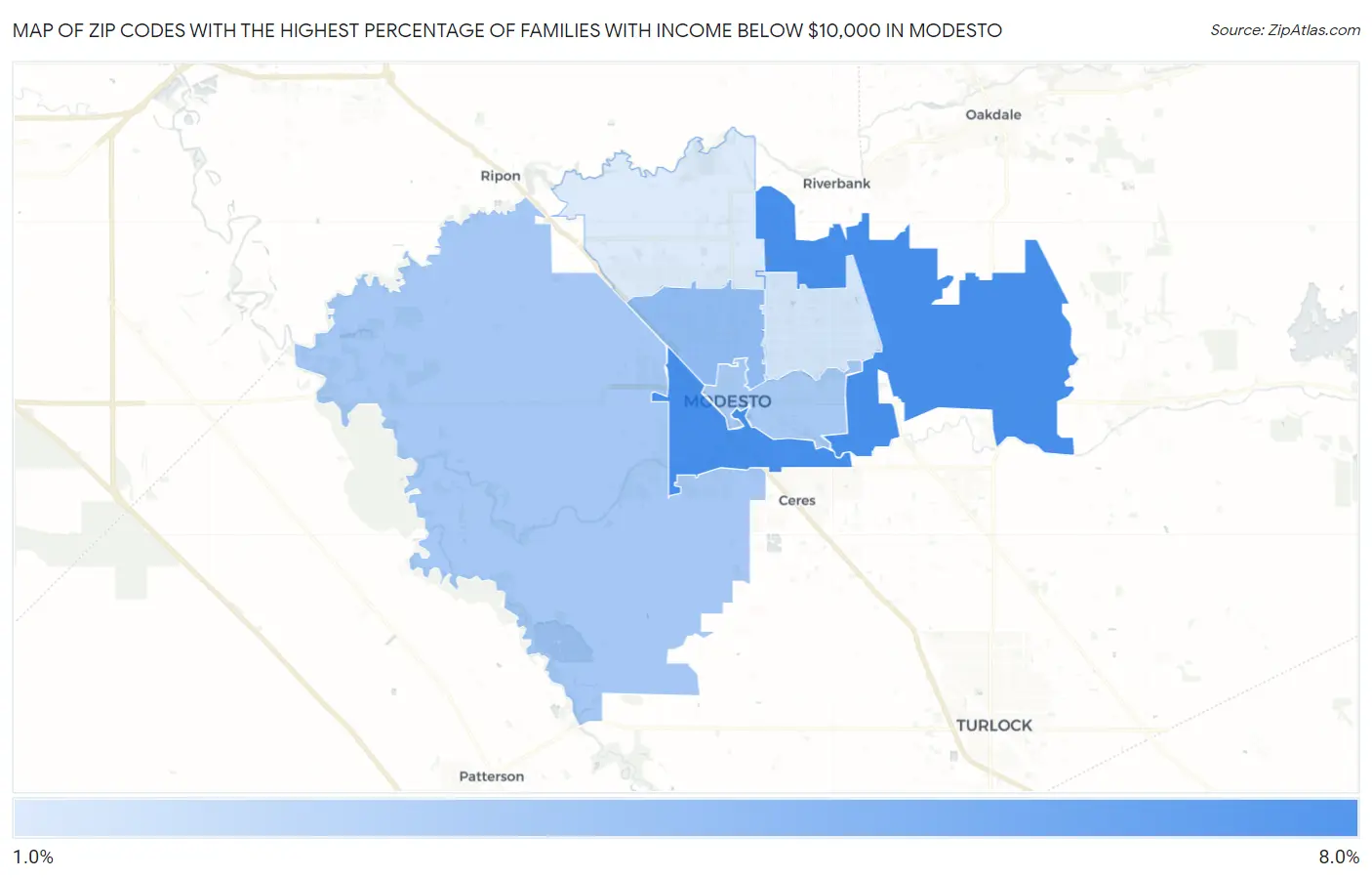 Zip Codes with the Highest Percentage of Families with Income Below $10,000 in Modesto Map