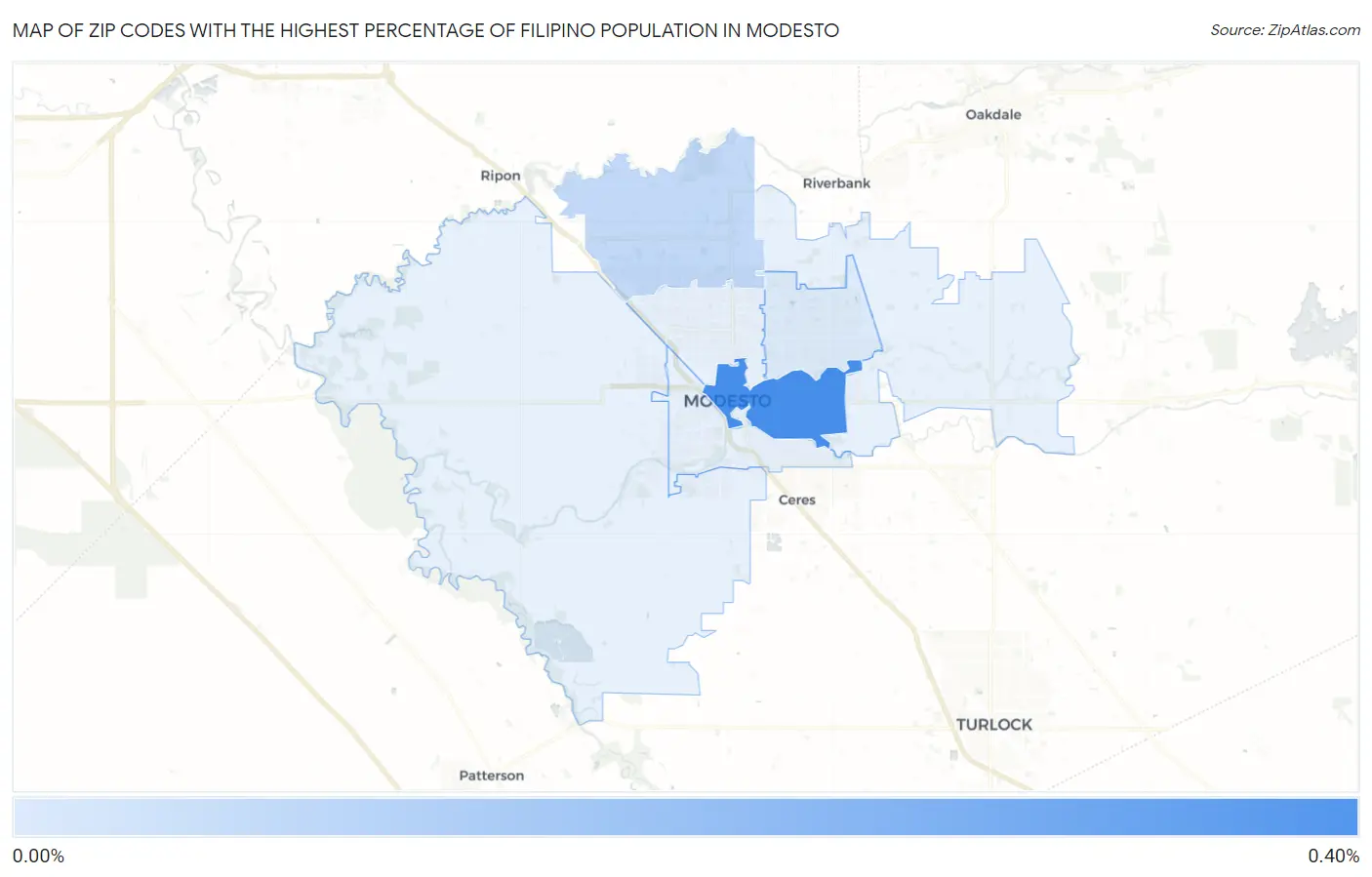 Zip Codes with the Highest Percentage of Filipino Population in Modesto Map