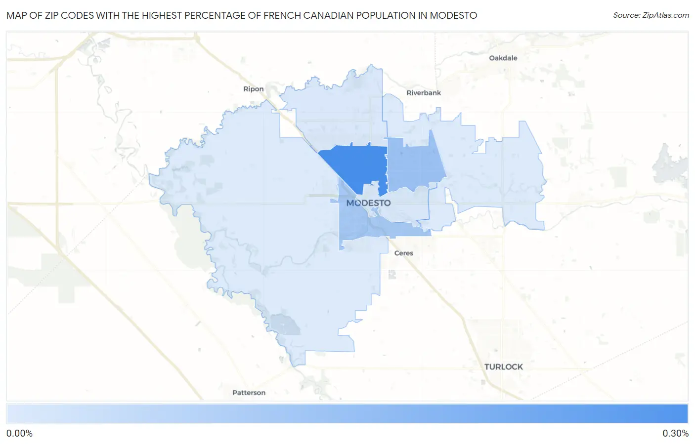 Zip Codes with the Highest Percentage of French Canadian Population in Modesto Map