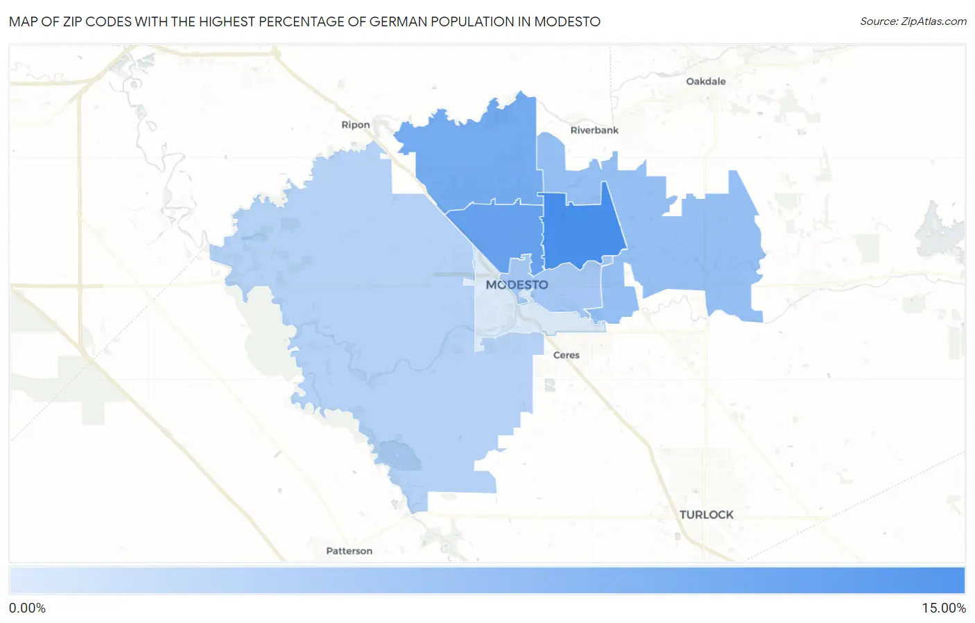 Zip Codes with the Highest Percentage of German Population in Modesto Map