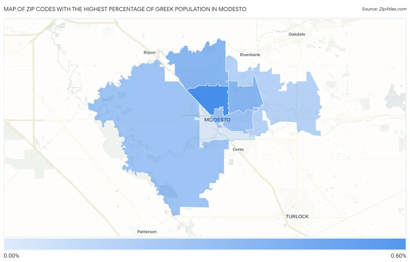 Zip Codes with the Highest Percentage of Greek Population in Modesto Map