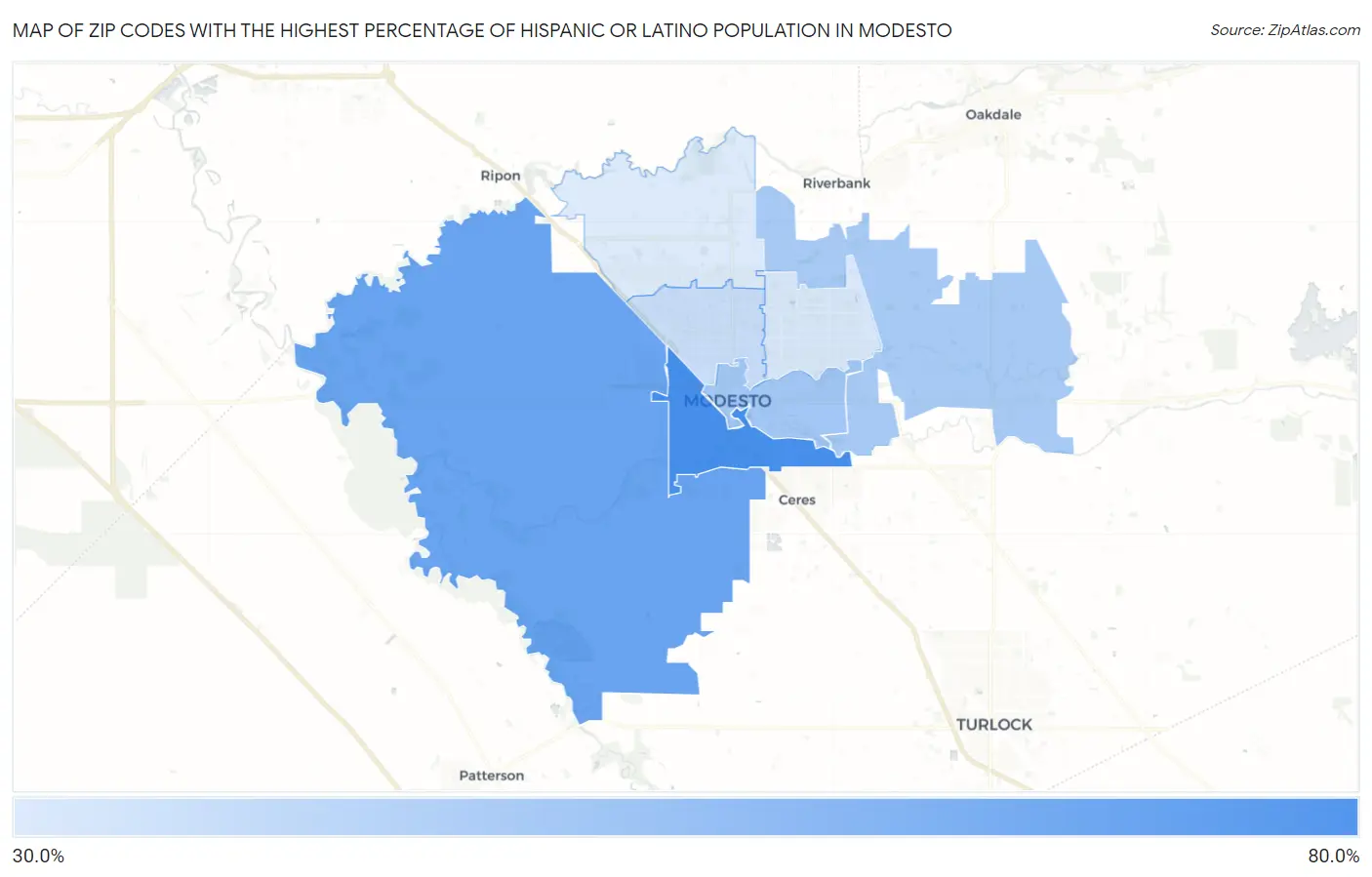 Zip Codes with the Highest Percentage of Hispanic or Latino Population in Modesto Map